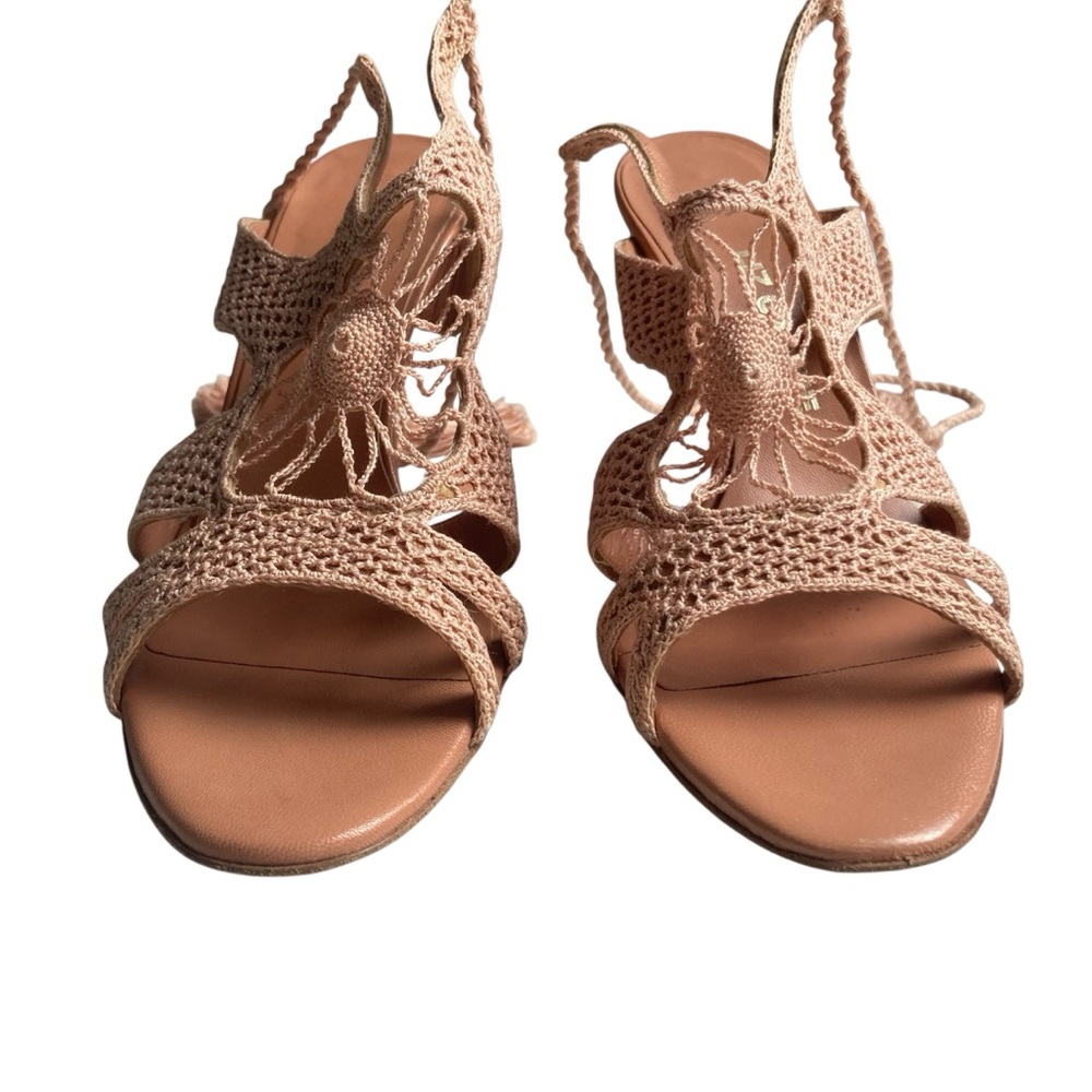 LIZ CARINE | Cream Crochet Peep-Toe Stiletto Sandals | Ankle Tie | Italy Sz 37.5